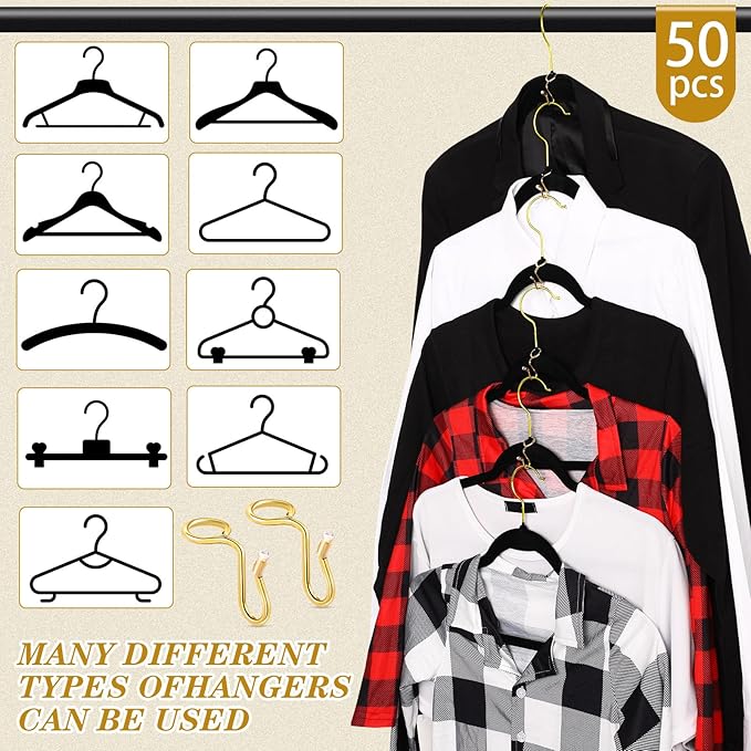 Sratte 50 Pieces Clothes Hanger Connector Hooks, Metal Clips Extender Hooks for Velvet Hangers Closet Space Saving(Gold,50 Pieces)