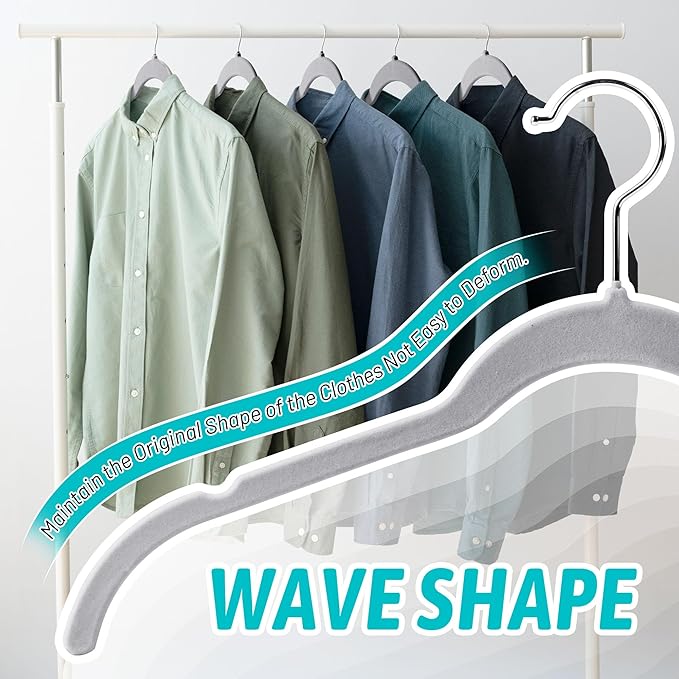 Sishynio Premium Velvet Shirt Hangers 50 Pack, Space-Saving Non-Slip Felt Hanger with 360° Swivel Hook, Slim Flocked Hangers for Strappy Dresses, Blouses, Tank Tops(Grey)