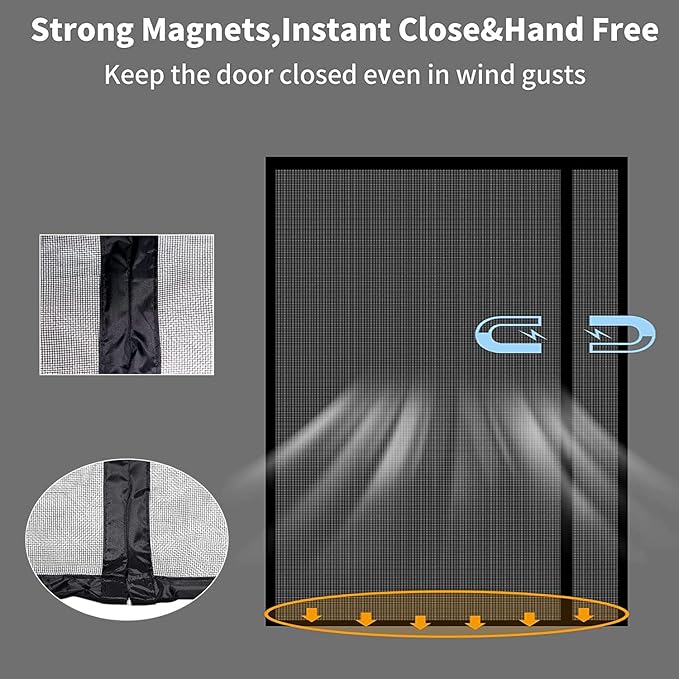 Reversible Left or Right Side Opening Magnetic Screen Door, Narrow Durable Fiberglass Mesh Curtain Hands Free for Patio, Bedroom, Fits Door Size 60" x 80", Black