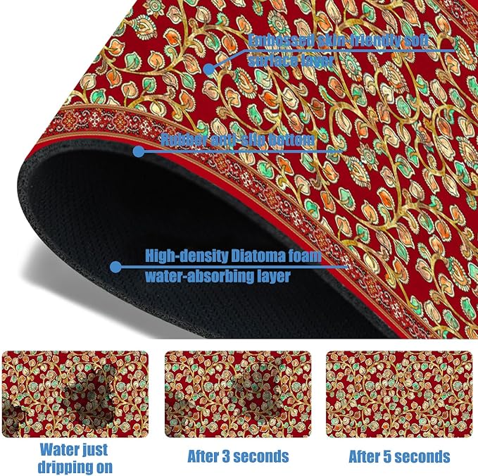 Sink Splash Guard Faucet Mat Red Retro Boho Flowers Absorbent Fast Drying Mat Sink Gadgets Splash Guard Behind Faucet Drip Catcher for Kitchen Bathroom 23.5"X5.5"