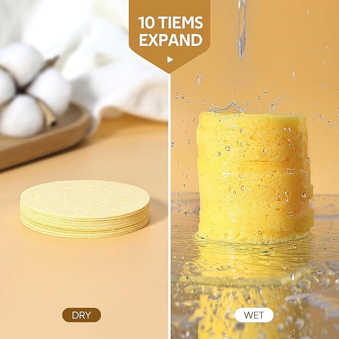 GAINWELL 50-Count Compressed Facial Sponges with Storage Container, for Facial Cleansing, Reusable Makeup Remover, Portable, Suitable for Travel, Yellow