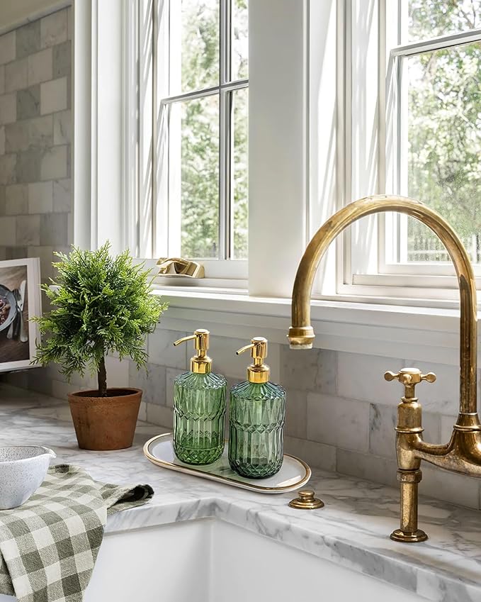 JASAI 2Pack 18Oz Green Glass Soap Dispenser with Gold Rust Proof Pump, Refillable Dish Soap Dispenser for Kitchen, Bathroom Soap Dispenser for Hand soap, Lotion, Body Wash, Dish Soap.