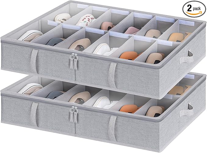 StorageWorks Shoe Organizer for Closet, Fits up to 24 Pairs, 2-Pack Ultra-thick Fabric Under Bed Shoe Storage Containers with Bottom Support and Adjustable Dividers, Grey