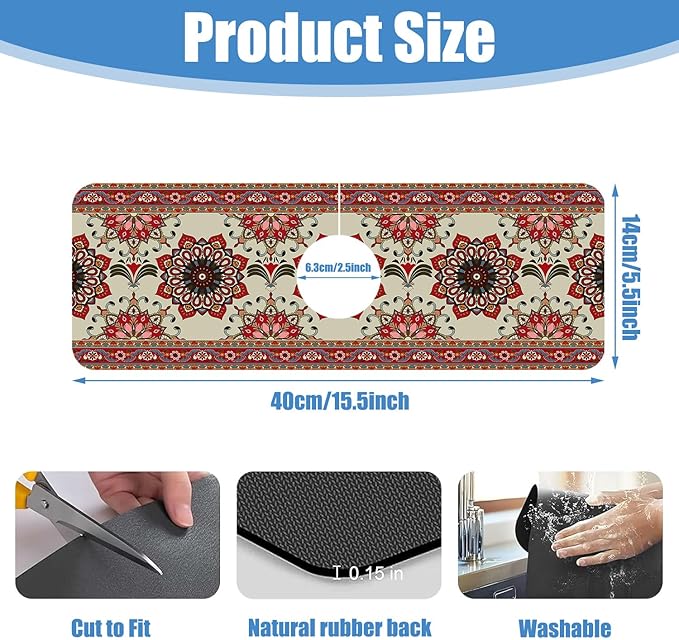 Sink Faucet Absorbing Mat Red Retro Boho Sink Splash Guard Drying Mat for Kitchen Bathroom Faucet Sinkmat 15.5"X5.5"