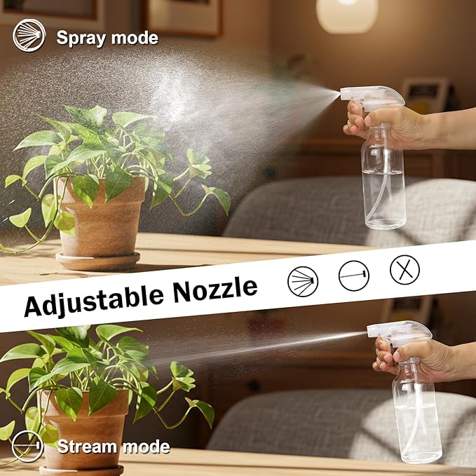 Glass Spray Bottles 12oz Empty Spray Bottle Mist/Stream Spraying Small Refillable Containers for Hair Care, Cleaning Solutions, Plants, Essential Oils 2 Pack (Clear, 12oz)