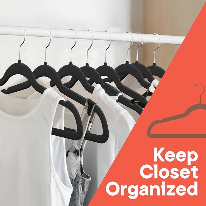 Black Velvet Hangers 50 Pack – 360° Swivel Hook, Non-Slip and Space Saving Hangers, Heavy-Duty 11 lbs Weight Capacity - Smooth Velvet Finish for Crease-Free Clothes and Effortless Closet Organization