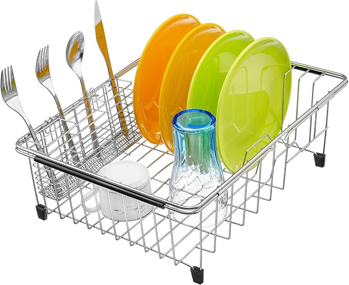 iPEGTOP Expandable Dish Drying Rack Over Sink, Rustproof Stainless Steel Dish Drying Rack Basket Shelf, Multifunctional Dish Drainer Organizer with Utensil Cutlery Holder