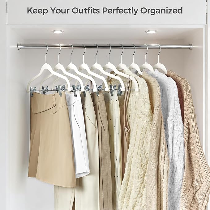 HOUSE DAY Velvet Hangers with Adjustable Clips 30 Pack, Non-Slip Suit Organizer with 360° Hook - Heavy Duty Hanger for Pants, Skirts, Blouses, Dresses - Outfit Hangers All-Season Space Saver (Ivory)