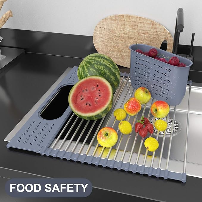 LEMIKKLE Roll Up Dish Drying Rack 17 x 15 Over The Sink Dish Drying Rack, Multi-Purpose Kitchen Rolling Dish Drainer Foldable SUS 304 Stainless Steel Dish Drying Rack
