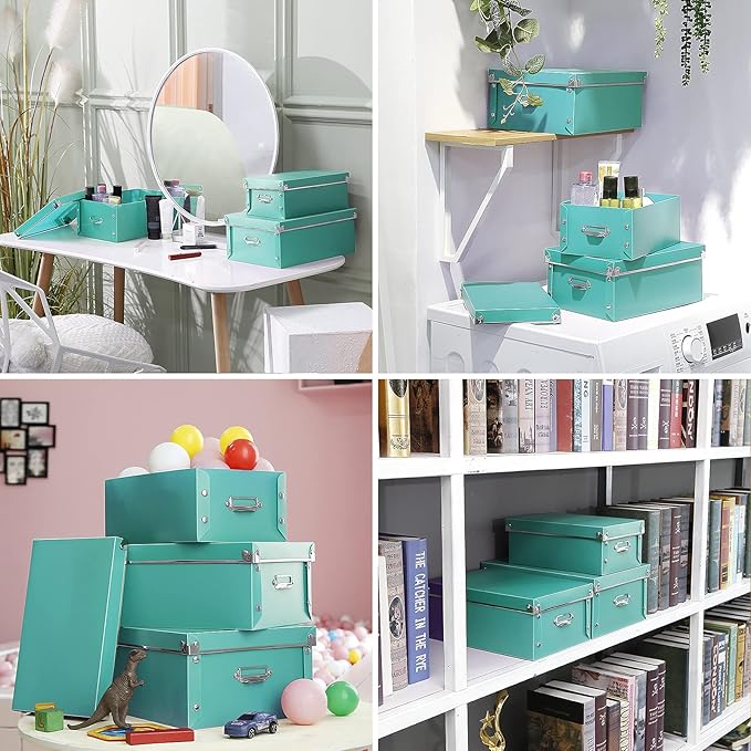 SEEKIND Storage Bins with lids, Water-Proof Storage Box Sets with Handles,Multiple Sizes Foldable Plastic Storage Organizer for Clothes,Cosmetic,Photos(Cyan) …