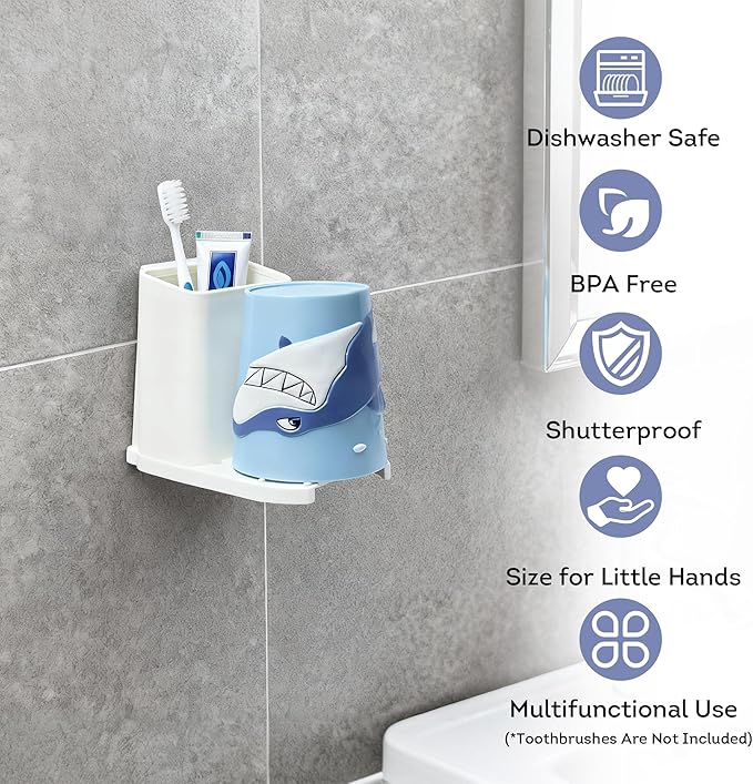 Lily's Home Kids Toothbrush Holder - 3D Shark Tumbler & Organizer Set - Fun Bathroom Storage Decor - Blue/White Design - Kids Bathroom Accessories - Space-Saving Holder for Toothbrush/Toothpaste