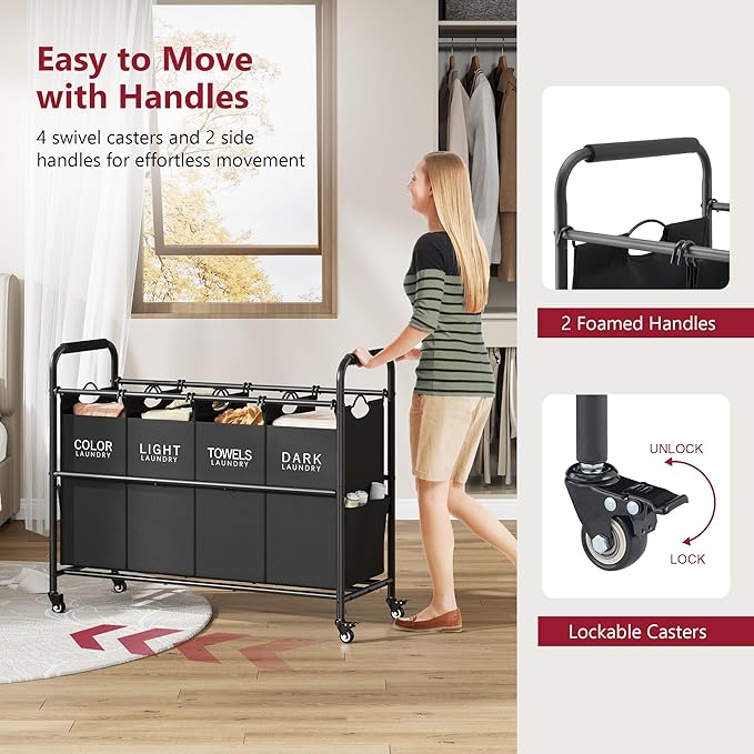 Tajsoon 4 Bag Laundry Sorter Cart, 4 Section Laundry Hamper Sorter with Heavy Duty Lockable Rolling Wheels, Laundry Separator Hamper with Removable Bags for Dirty Clothes Storage, Black