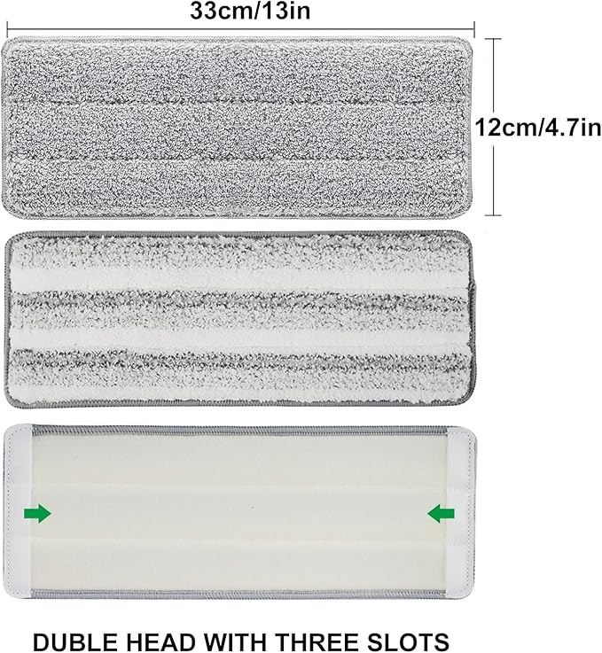 Flat Mop Pads, 3 Pack 13" X 4.9" Microfiber Mop Pad/Refill/Head, Mop Pads Washable Microfiber Squeeze Cleaning Mop Heads Replacement - White and Grey