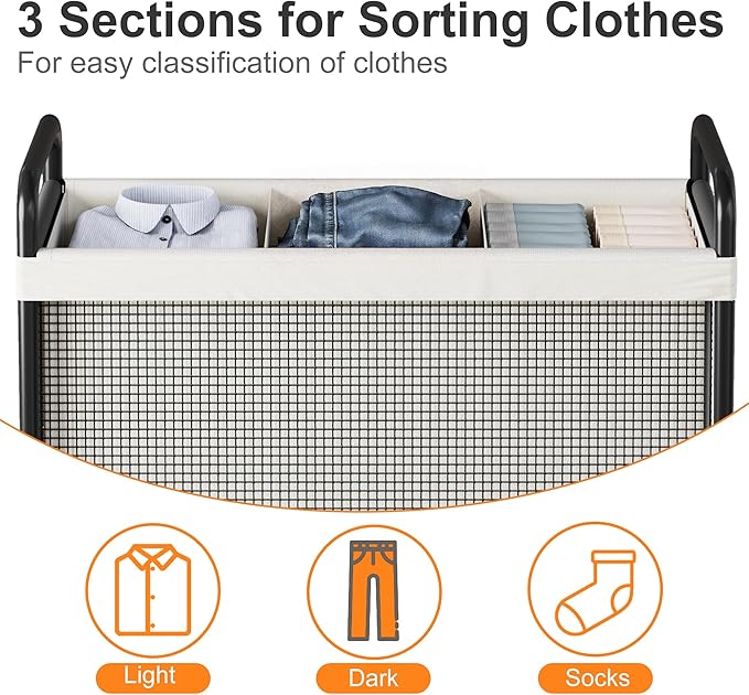 WOWLIVE Laundry Hamper 3 Section, 120L Rolling Laundry Basket with wheels and Removable Liner Bag, Laundry Sorter with Metal Handle, Large Clothes Hamper for Laundry Room, Bathroom and Dorm, Beige