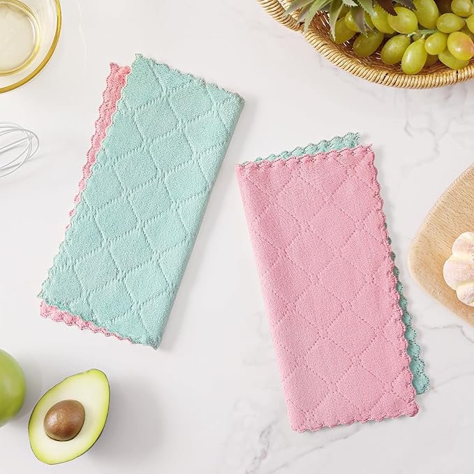 Homaxy 12 Pack Kitchen Cloths Dish Towels (10" x 10", Dark Green & Pink), Super Soft and Absorbent Dish Cloths, Coral Velvet Microfiber Cleaning Cloth, Nonstick Oil Fast Dry Dishcloths
