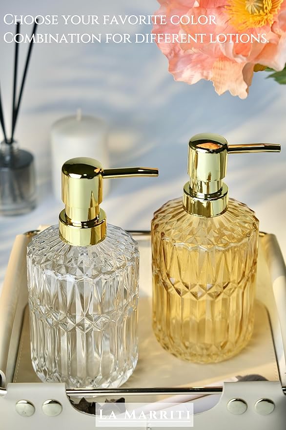 Glass Soap Dispenser with Rust Proof Pump, 13.5 Oz Clear Refillable Hand Lotion Dispenser for Bathroom Countertop and Kitchen, Crystal Vintage Bathroom Accessories, Bathroom Decor