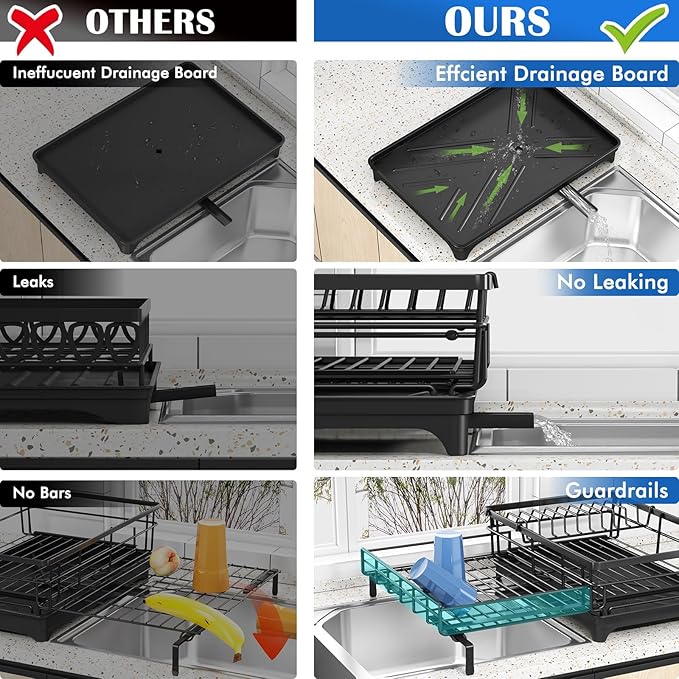 Storico Large Dish Drying Rack - Extendable Dish Rack, Dish Drainer for Kitchen Counter, Dish Drainer with Adjustable Support Legs & Utensil Holder, Black