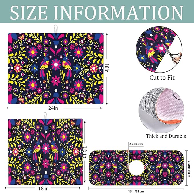 3Pcs Mexican Floral and Bird Dish Drying Mat & Kitchen Sink Splash Guard Faucet Mat For Kitchen Counter Absorbent Microfiber Dishes Pad Dish Drainer Rack Mats Fast Dry Kitchen Accessories