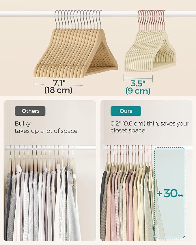 SONGMICS Slim Velvet Hangers, Non-Slip Clothes Hangers with Rose Gold Swivel Hooks, Space-Saving, for Closet, 50 Pack, Sandy Beig UCRF026K50