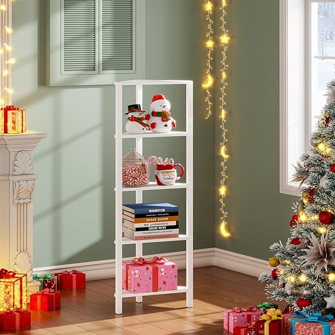 TUTOTAK Corner Shelf, 5-Tier Corner Bookshelf for Small Space, Narrow Display Corner Shelf Stand with Storage Rack, for Living Room, Bedroom, White BS05BW005