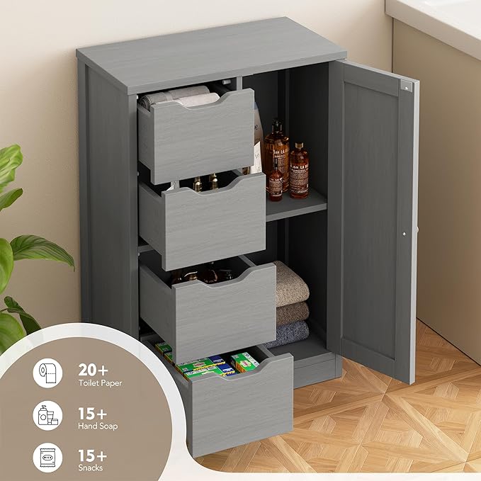 Walsunny Bathroom Floor Storage Cabinet, Wooden Storage Organizer with 4 Drawers and 1 Cupboard, Freestanding Entryway Storage Unit Console Table(Gray)