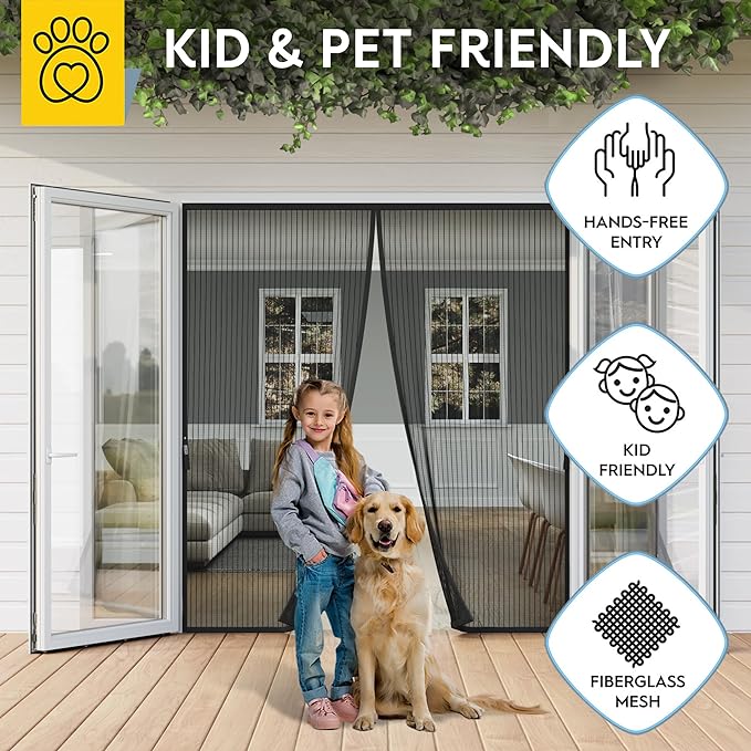 AUGO Magnetic Screen Door - Self Sealing, Heavy Duty, Hands Free Mesh Partition Keeps Bugs Out - Pet and Kid Friendly - Patent Pending Keep Open Feature - 74 Inch x 81 Inch