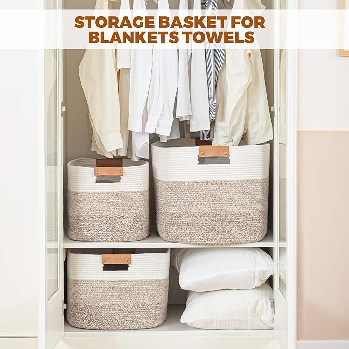 danpinera 108L Large Blanket Basket for Living Room, Woven Storage Basket with Leather Handles, Cotton Rope Storage Organization in Nursery for Toys & Clothes 25 ''* 16 ''*16 '', Gradient Brown