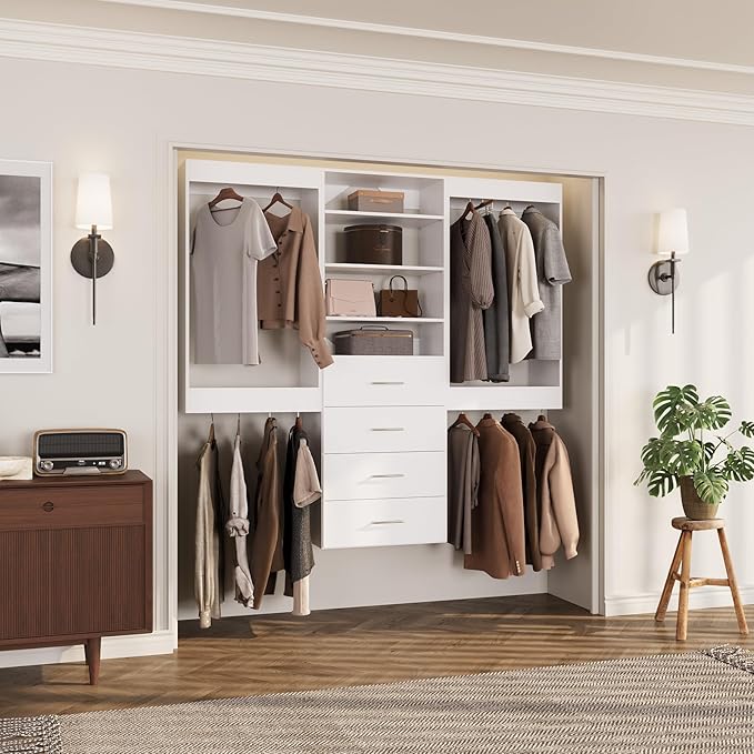 ROOMTEC Modular Closet System, 84" Wall-Mounted Closet Organizer with Drawers and Hanging Rods, Wooden Tower for Walk-In Closets, Wardrobe Storage Kit, White