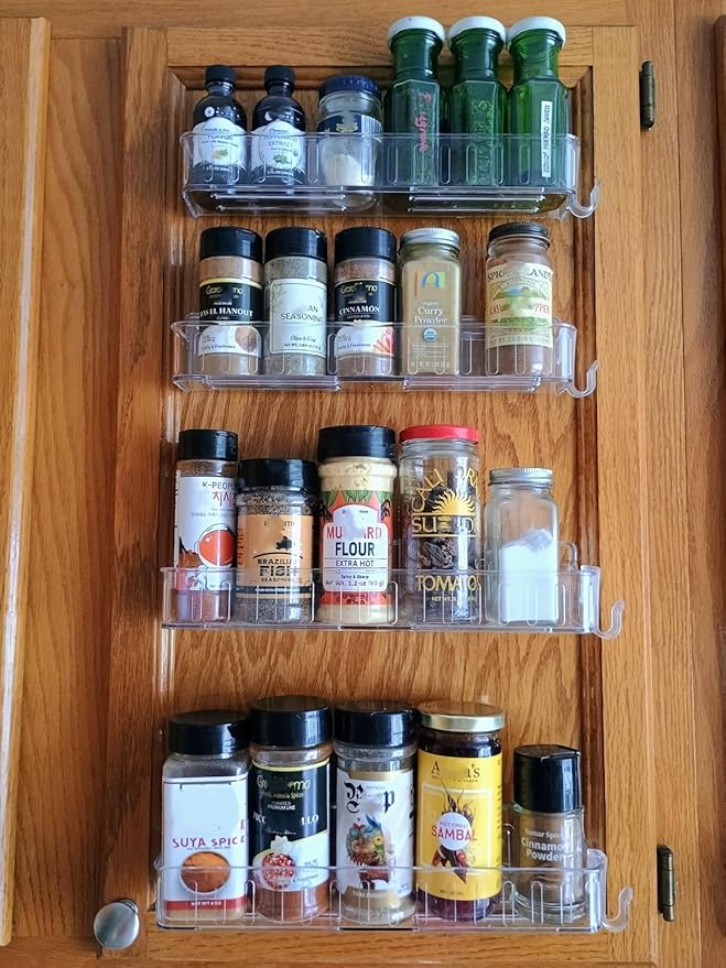 Nieifi Spice Rack Wall Mount, 4 Pack, Clear, Screw or Adhesive Installation, Spice Rack Organizer for Your Kitchen Cabinet or Pantry Door