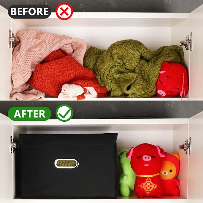 Fabric Foldable Collapsible Storage Cube Bin Organizer Basket with Lid, Handles, Removable Divider for Home, Closet (Black, 3Pcs)