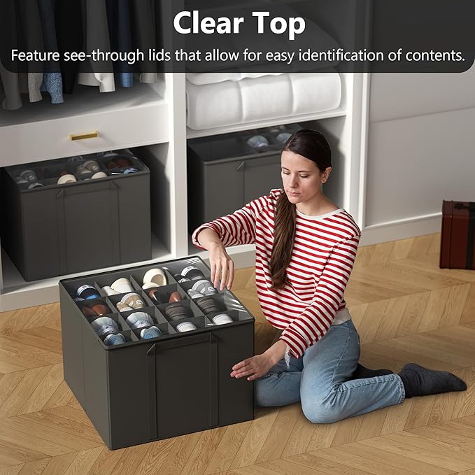 SUOCO 2 Pack Shoe Organizer for Closet, Fits up to 32 Pairs, Small Space Shoe Storage Boxes Bins Containers w/Adjustable Dividers and Clear Top, Grey