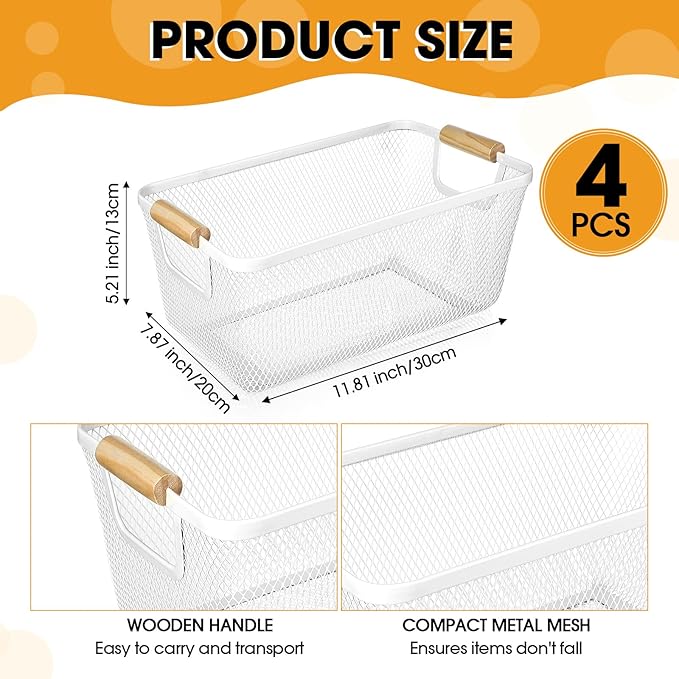 4 Pcs Metal Wire Basket with Wooden Handles Mesh Steel Storage Organizer Bin Containers for Home Organizing Cabinet Pantry Closet Kitchen Fridge Fruit Makeup Snacks Gifts(Medium,Cream White)