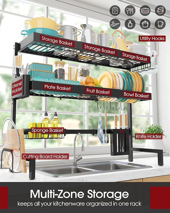 Over The Sink Dish Drying Rack, Expandable 3-Tier Stainless Steel Kitchen Storage Organization Accessories for Countertop, Rustproof & Space-Saving, 31.5"–39.5" L x 12" W x 33" H, Black