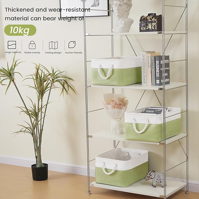 Large Storage Baskets- 15.7x11.8x8.26 inch Storage Bins for Shelves and Closet Organizing, Foldable Fabric Bin for Home Organization Clothes and Laundry (6-Pack, White&Green)