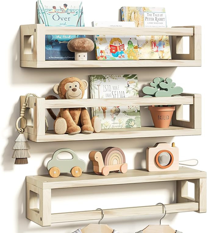 Sturdy Floating Shelves – Set of 3 Wall Bookshelves and Nursery Floating Shelves for Books, Toys, Kitchen, Bathroom, and Home Decor – Natural Poplar