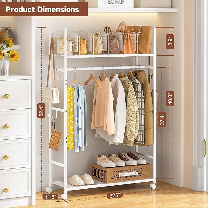 Portable Clothes Rack with Adjustable Shelf Divider, Freestanding Closet Organizers and Storage, Garment Rack and Purse Storage with 8 Hooks, Clothes Organizer on Wheels for Hanging Clothes, White