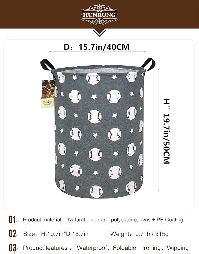 HUNRUNG Laundry Hamper,Large Canvas Fabric Lightweight Storage Basket Toy Organizer Dirty Clothes Collapsible Waterproof for College Dorms, Children Bedroom,Bathroom（Round-Grey Baseball）
