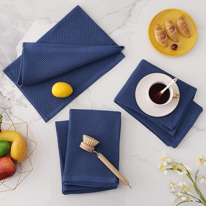 Homaxy 100% Cotton Waffle Weave Kitchen Dish Towels, Ultra Soft Absorbent Quick Drying Cleaning Towel, 20x28 Inches, 6-Pack, Navy Blue