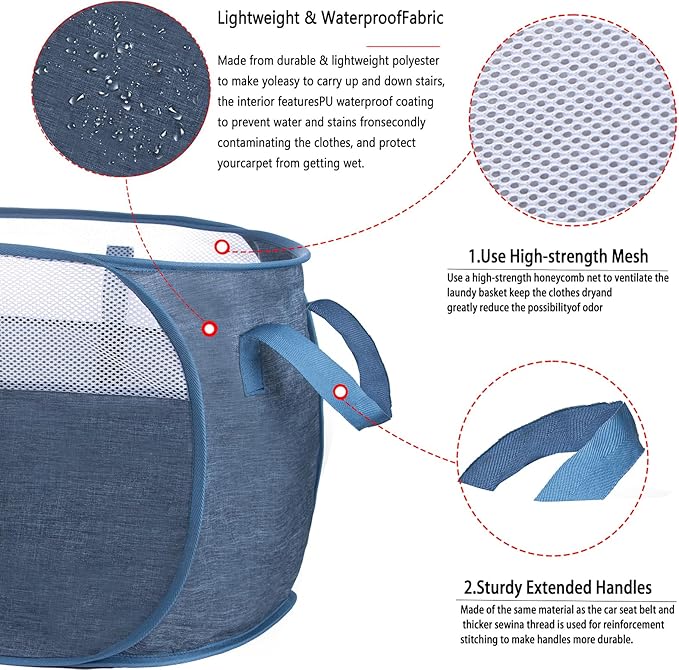 pop-up laundry basket，with Durable Handles collapsible Mesh laundry Hamper,Easy to Open and Fold,Premium Cationic Fabric… (Cationic blue+blue)