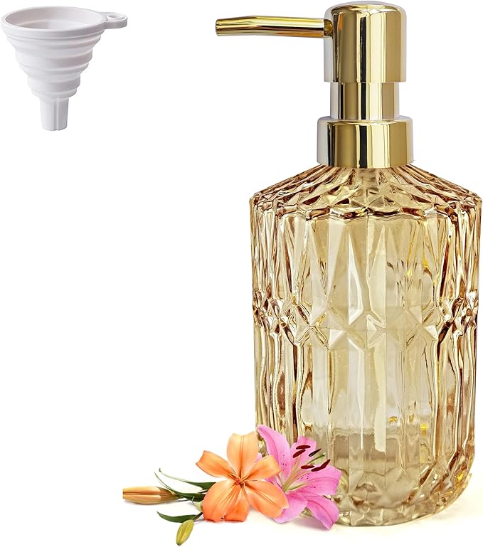 Clear Glass Soap Dispenser with Gold Rust Proof Pump, Refillable Thick Glass Kitchen Soap Dispenser, Lotion Dispenser Bathroom for Hands Soap, Dish Soap, Body Wash (Yellow Gold
