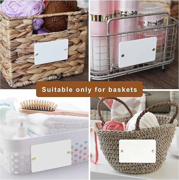 Temlum 18 Pcs Acrylic Basket Labels, Storage Tags with Chalk Marker Removable Label for Wire, Wicker, Woven Baskets & Pantry Storage (Rectangle, White)