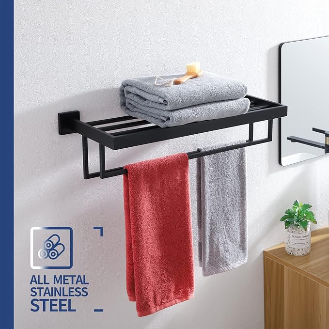 KOKOSIRI Black Towel Rack 20'' Bathroom Towel Shelf with Double Towel Bars SUS304 Matte Black Stainless Steel Wall Mounted, B6003BK-L20