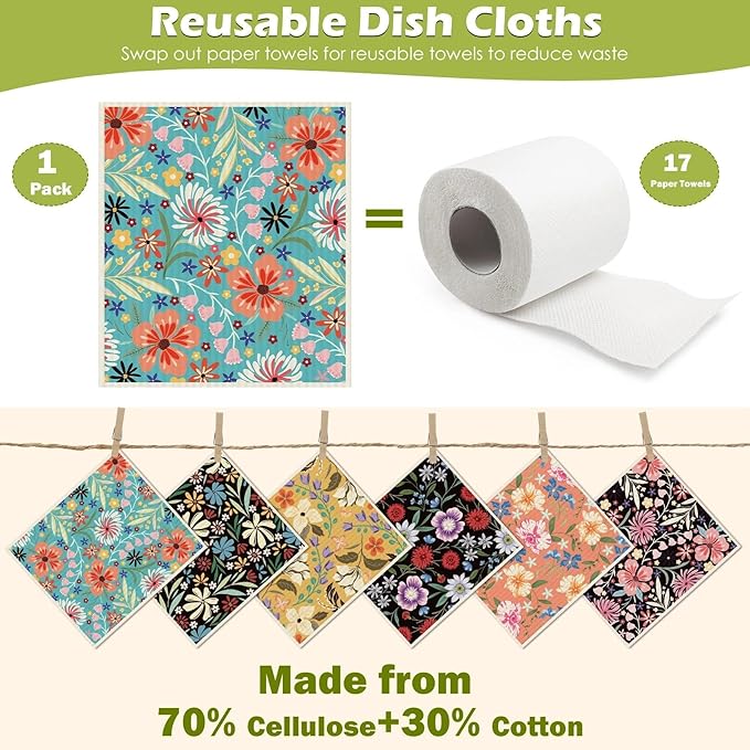 6 Packs Swedish Paper Cloths for Kitchen, Reusable Paper Towels Washable Dish Rags, Highly Absorbent Kitchen Towels Quick Drying Swedish Sponge Cleaning Dish Cloths (Colorful Floral)