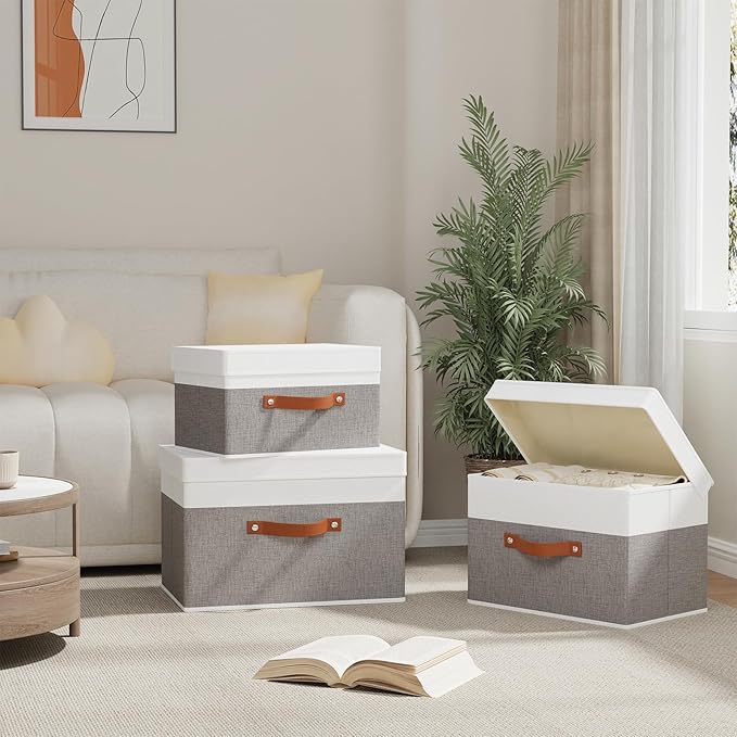 YheenLf Storage Baskets with Lids, Closet Organizer Boxes, Foldable Shelves Storage Bins with Handles, White and Grey, 3 Pack, 13 x 9.1 x 7.9 Inch