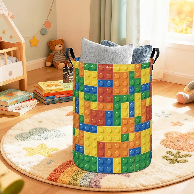 HUNRUNG Laundry Hamper,Large Canvas Fabric Lightweight Storage Basket Toy Organizer Dirty Clothes Collapsible Waterproof for College Dorms（Round-Colorful Blocks）