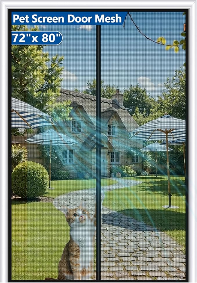 MAGZO Upgraded Pet Proof Magnetic Screen Door Thicker 250g/m² Pet Screen Door Mesh Fit Door Size 72 x 80 Inch, Mesh Size 74" x 81", Heavy Duty Cat Resistant Mesh for Front/Back/Sliding/Patio Door
