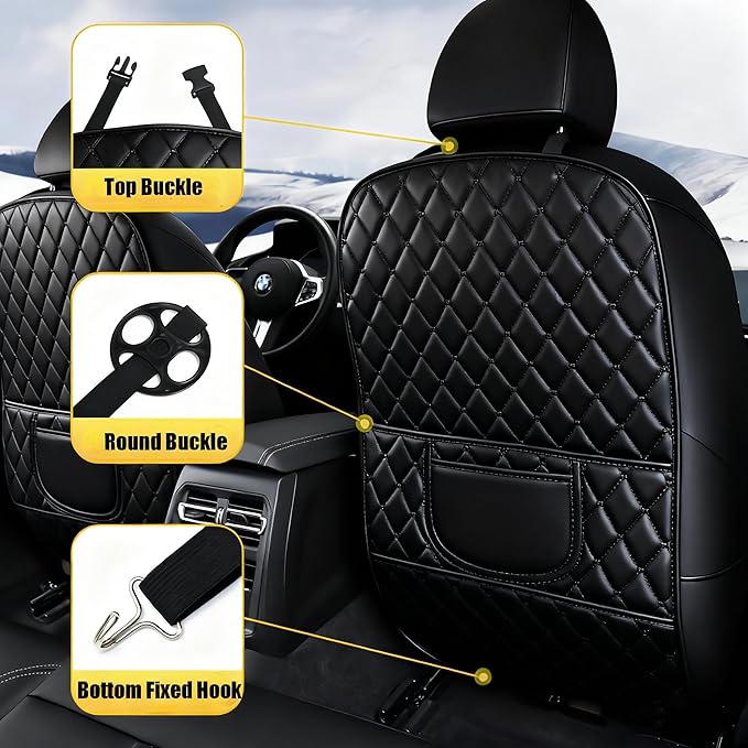 Leatherette Car Seat Protector - 2 Pack Large Car Kick Mats with Storage Pockets Organizer Seat Back Cover Against Dirty Shoes & Scratches, Universal Fit for Most Vehicles (Black)