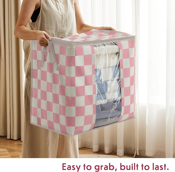 Pink Checkered Clothes Storage Bins, 100L Large Blanket Storage Bags 3 Pack, Closet Organizers and Storage Containers for Comforters, Bedding, Foldable Organizer with Handle