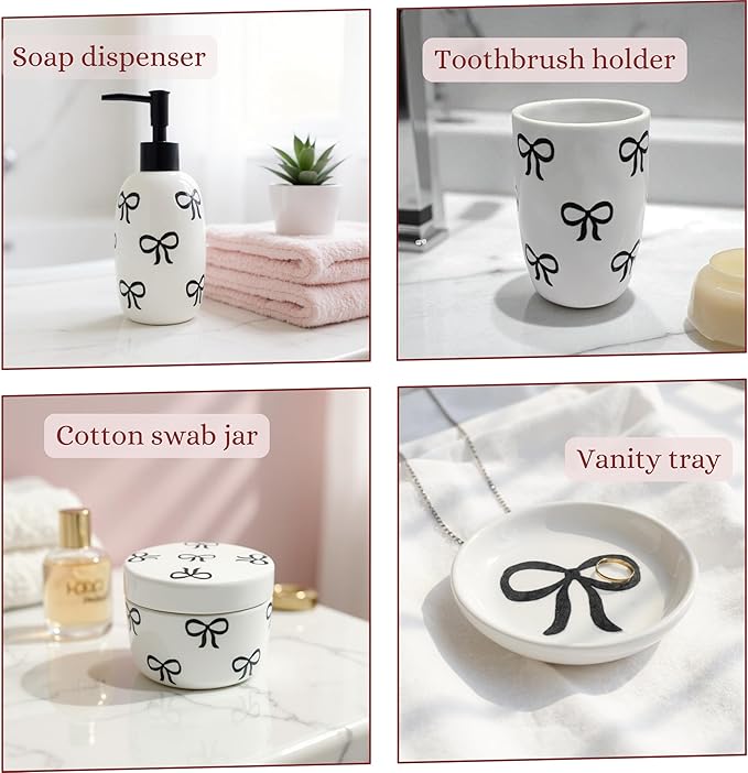 Pink Bathroom Set, 4 Pcs Ceramic Bathroom Accessory Sets - Soap Dispenser, Tumbler Toothbrush Holder, Vanity Soap Tray, Cotton Swab Jars - Pink Bathroom Decor Gift for Her (Black)