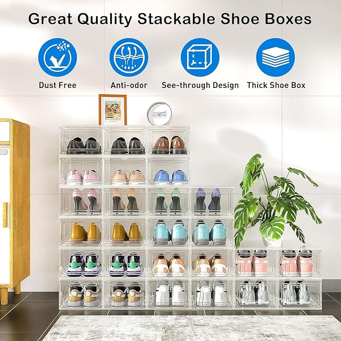 JWQ 10 Pack XX Large Thicken Sturdy Hard Plastic Clear Stackable Shoe Storage Boxes for Size 12, Sneaker Shoe Rack Containers Holders Bins Display Case Organizer for Closet, White